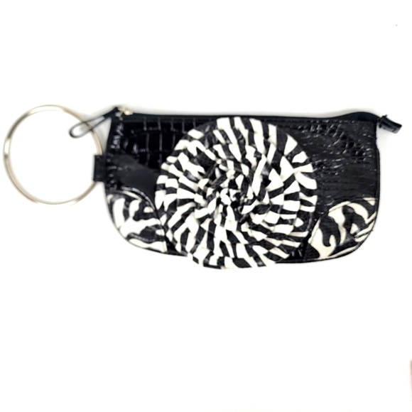 Chateau Handbags - Chateau Black and White Flower In Zebra Print Wristlet With Metal Silver Ring